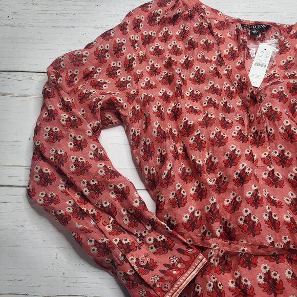 J Crew Cabana Mini Dress Block Print Ramie Coral Pink Floral Long Sleeve Medium - Picture 6 of 10